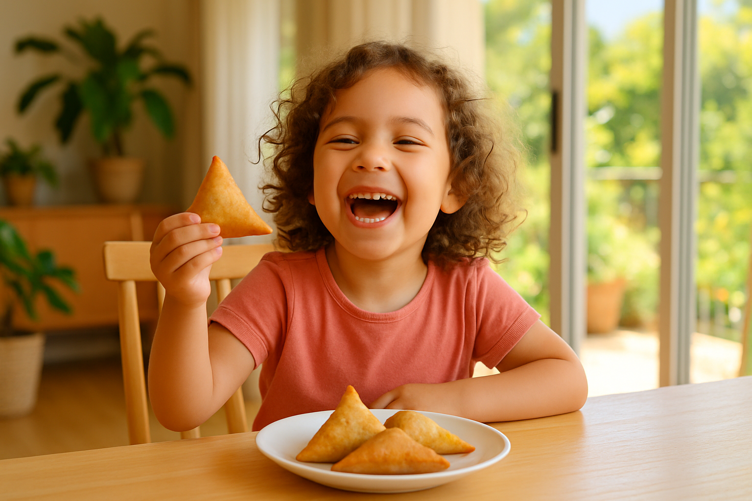 A kid sitting on the dining table, holding a samosa in her hand. Her facial expression is very happy. Background of home and summer time